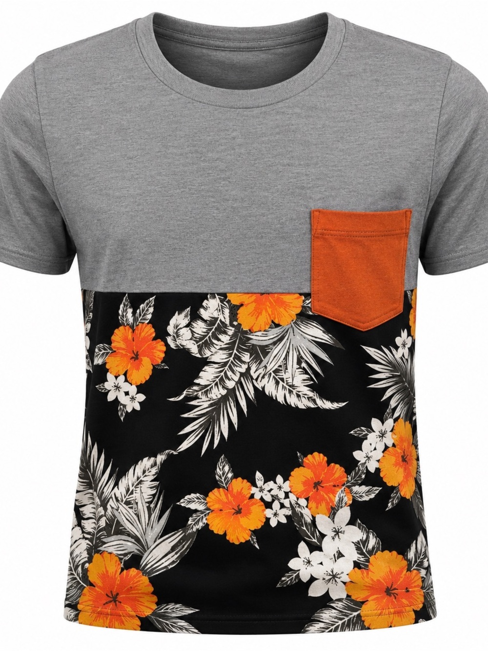 Fresh Laundry Men's Gray and Black Floral Tee with Orange Pocket